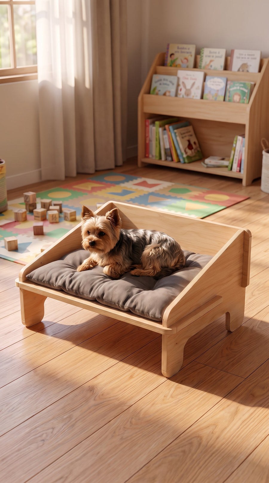 Cama elevada de madera para perros